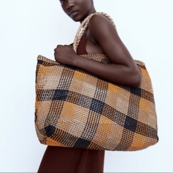 PLAID WOVEN TOTE BAG - Picture 1 of 8